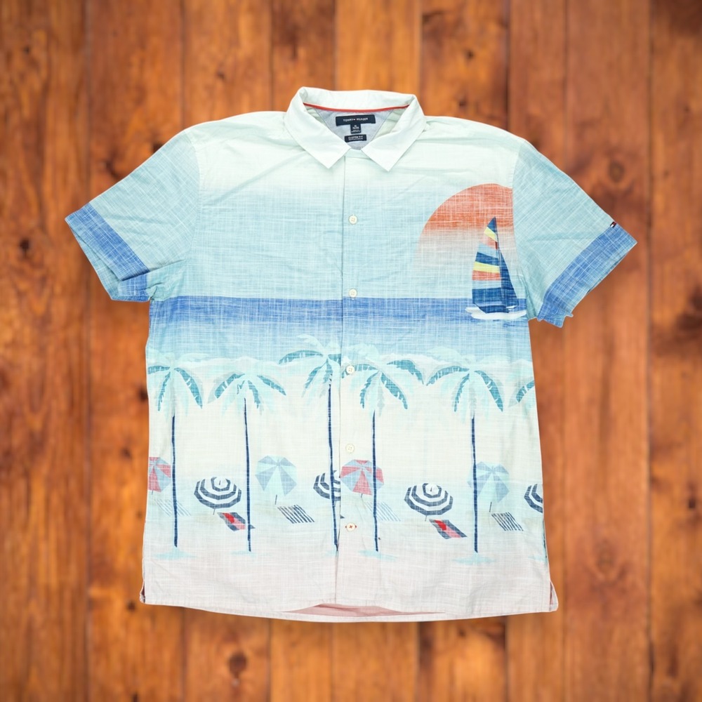 Tommy Hilfiger XL Custom Fit Short Sleeve Shirt Beach-Print Button Up Men's